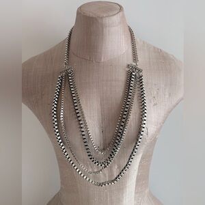 Silver Tone Large Box Chain‎ Metal Multi Strand Necklace Set with Earrings